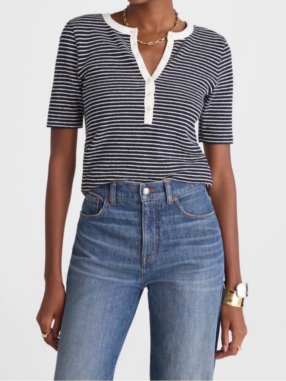 NWT!  Madewell Striped Elbow-Sleeve Henley Tee.  SZ M